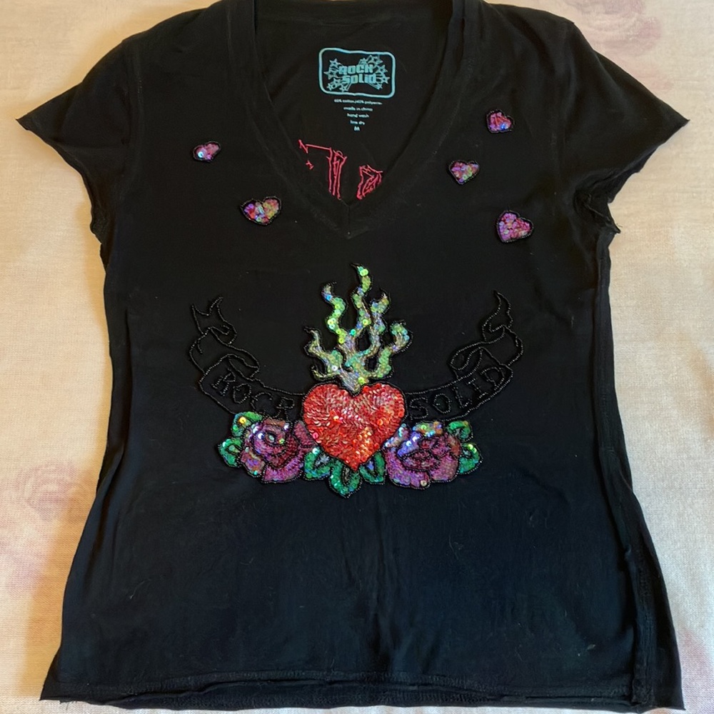 Sequins! Black, Rock Solid “Destiny” Tee. Size M. - image 6